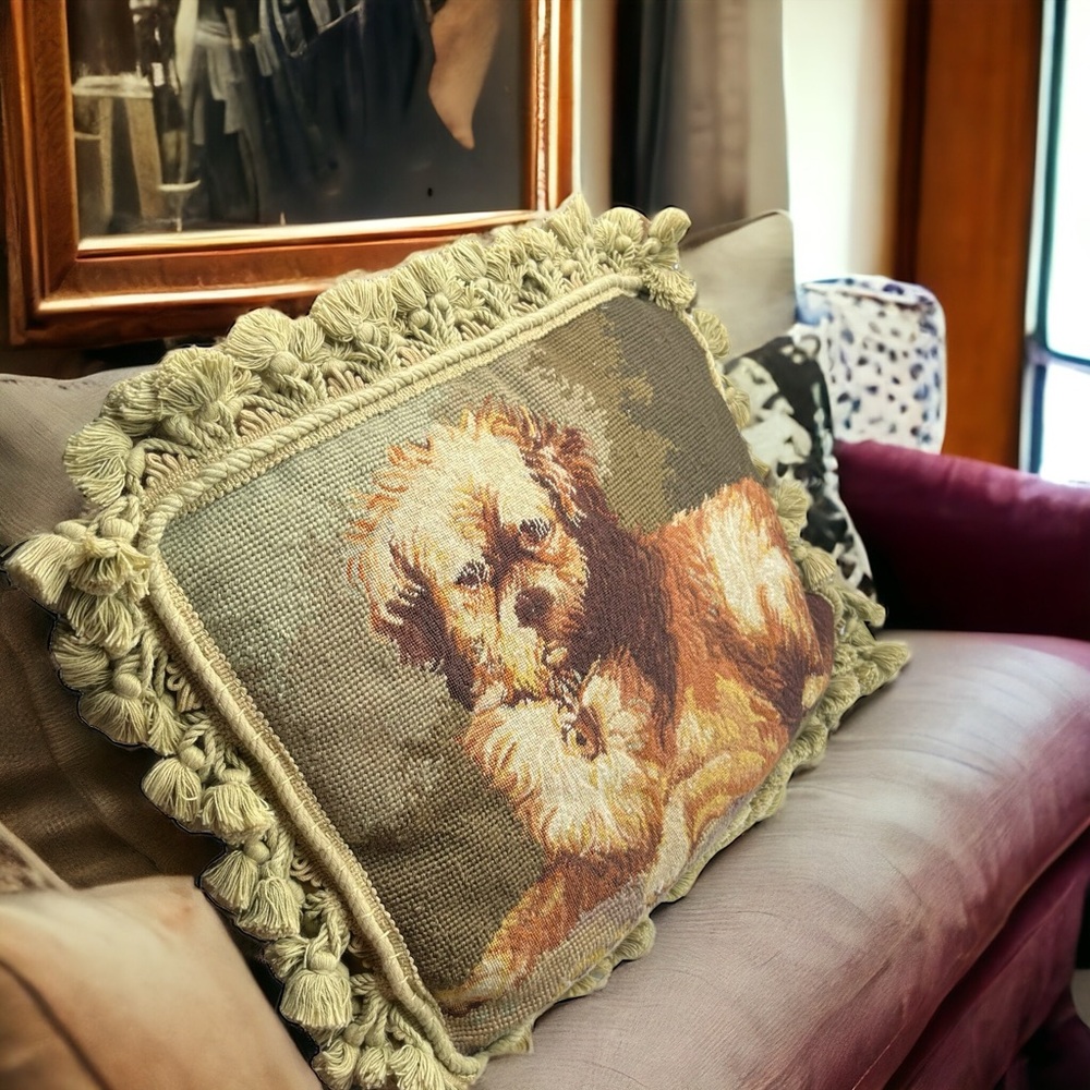 Sold! Antique Wool Petit Needlepoint Tassel Fringe Dog Pet Throw Pillow Cushion